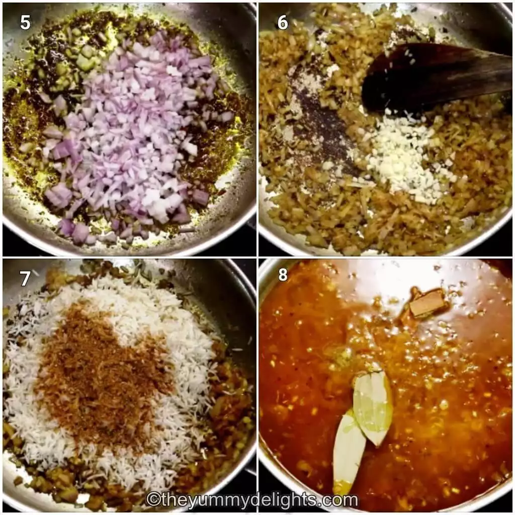 Collage image of 4 steps showing how to make mediterranean chicken rice recipe. It shows sauteing onions, addition of garlic, rice and the broth.