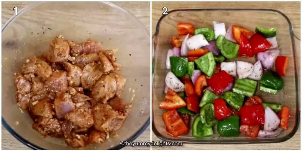 Collage image of 2 steps showing marinating the chicken in mediterranean-style chicken marinade. It also shows marinating the veggies.