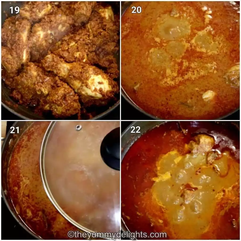 Collage image of 4 steps showing cooking the Malvani chicken curry. It shows addition of hot water and simmering the curry.