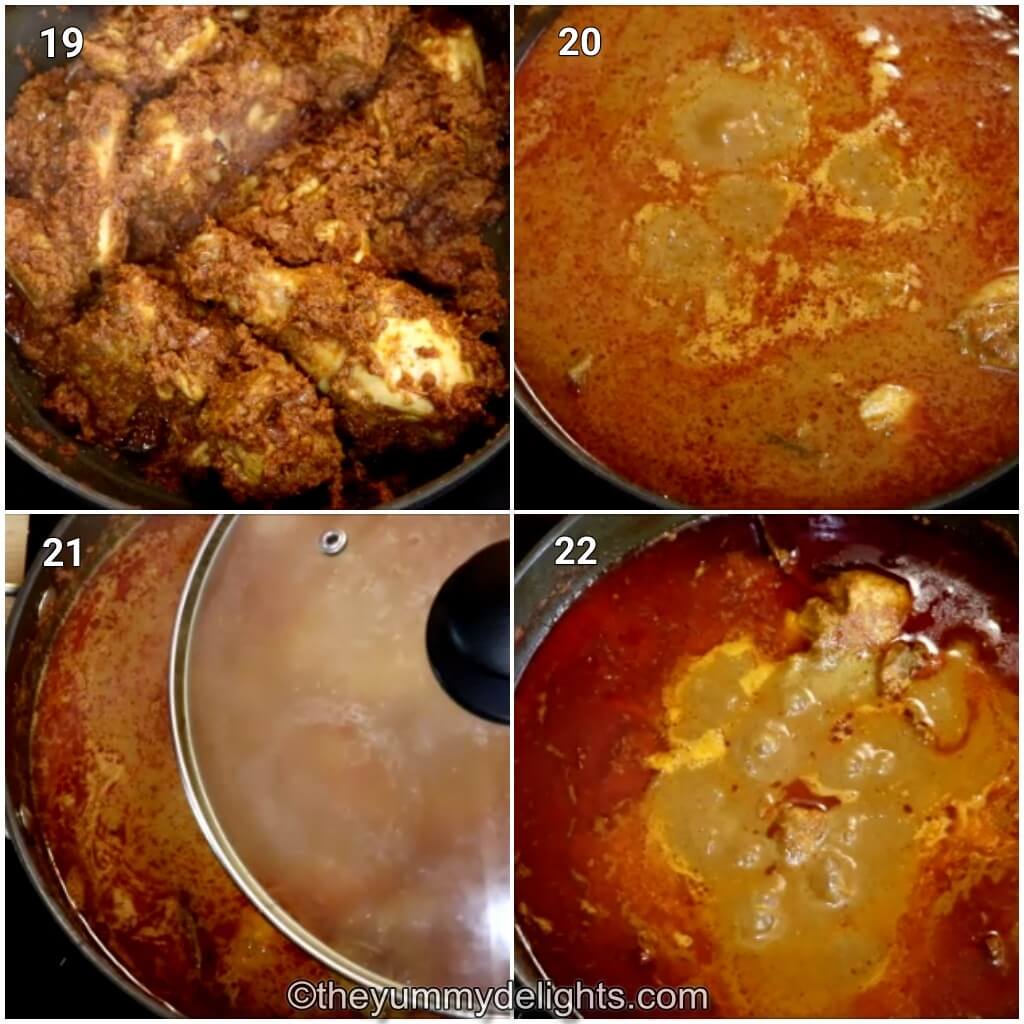 collage image of 4 stepa showing cooking chicken and addition of hot water to make malvani chicken curry.