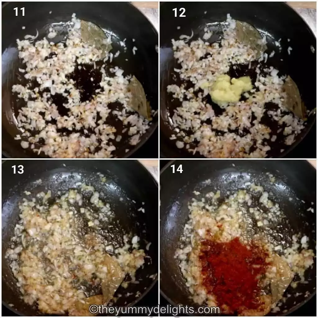 Collage image of 4 steps showing how to make Malvani chicken curry. It shows sauteing onions, addition of ginger-garlic paste and Malvani masala.