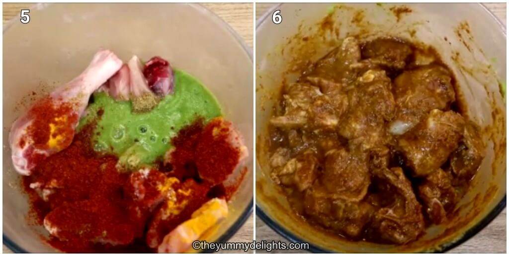 marinating chicken in malvani masala to make Malvani chicken.