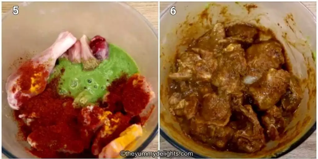 Collage image of 2 steps showing marinating the chicken.