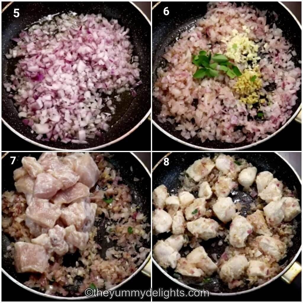 Collage image of 4 steps showing sauteing onion, ginger, garlic and addition of marinated chicken to make chicken masala fry.