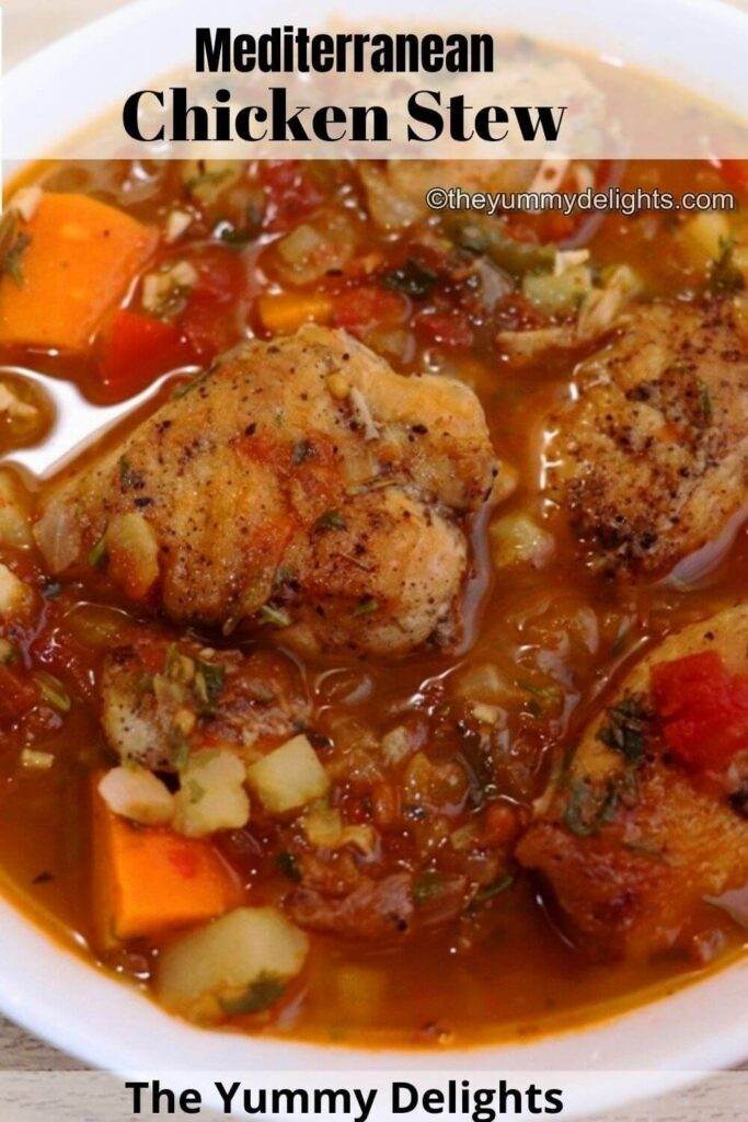 close-up of mediterranean chicken stew served in a white bowl.