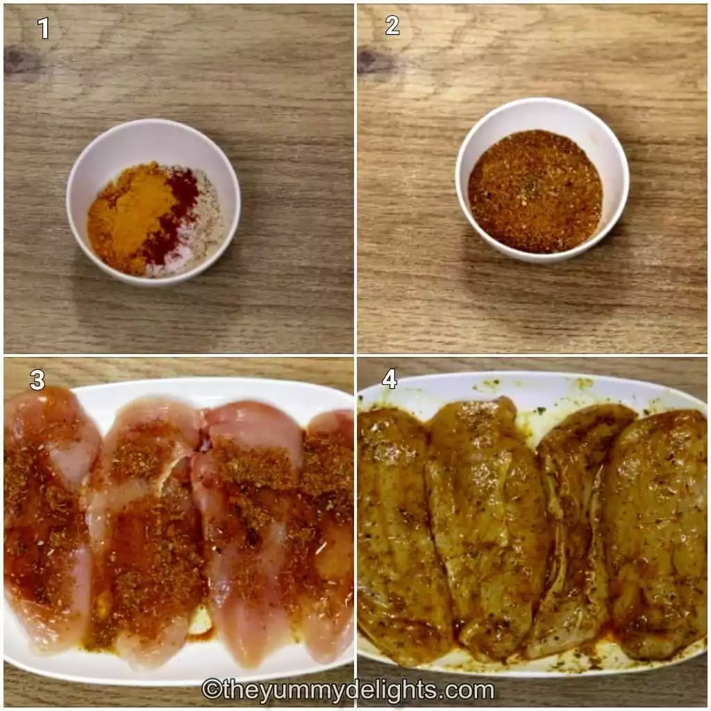 Collage image of 4 steps showing preparations to make mediterrnean chicken and rice. It shows making the seasoning and marinating the chicken.