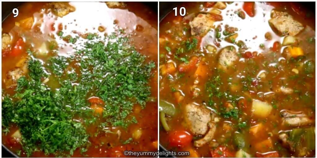 Collage image of 2 steps showing addition of cilantro and lemon juice to make mediterranean chicken stew.