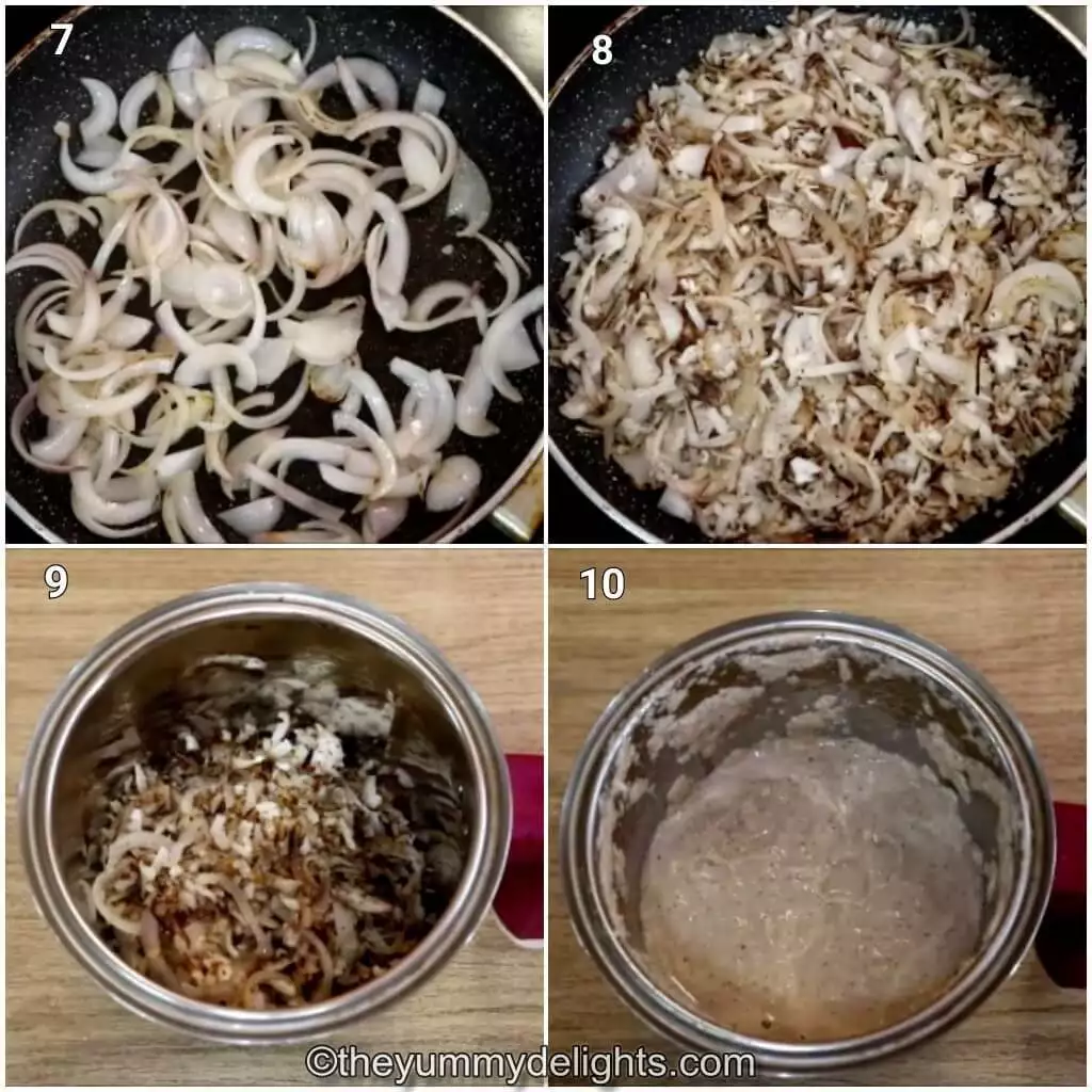 Collage image of 4 steps showing how to make onion-coconut paste.