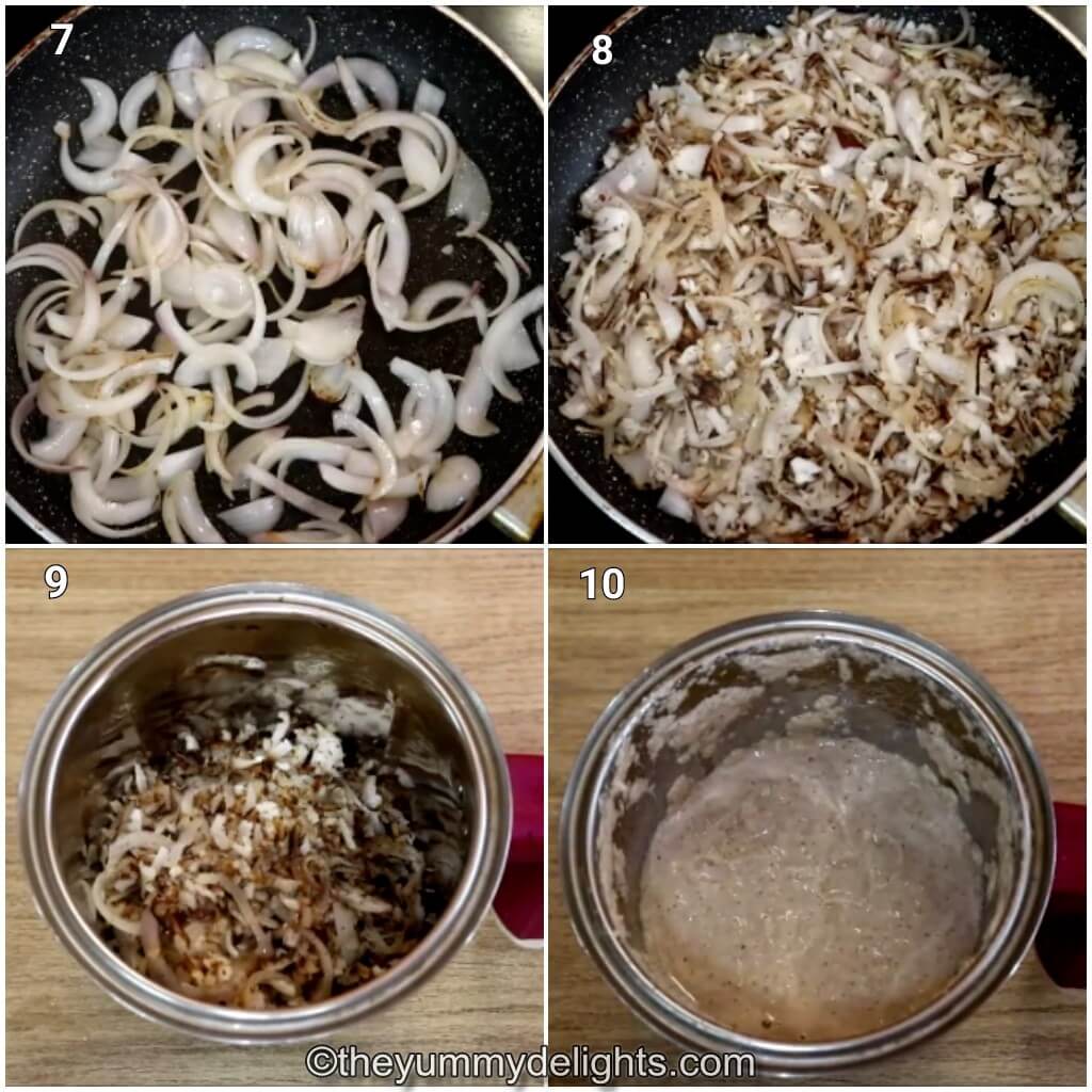 collage image of 4 steps shows making the onion-coconut paste to make malvani chicken curry.