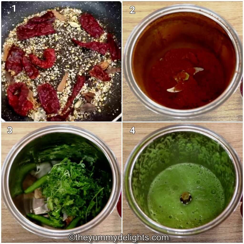 Collage image of 4 steps showing how to make Malvani chicken curry. It shows making Malvani masala and green masala.