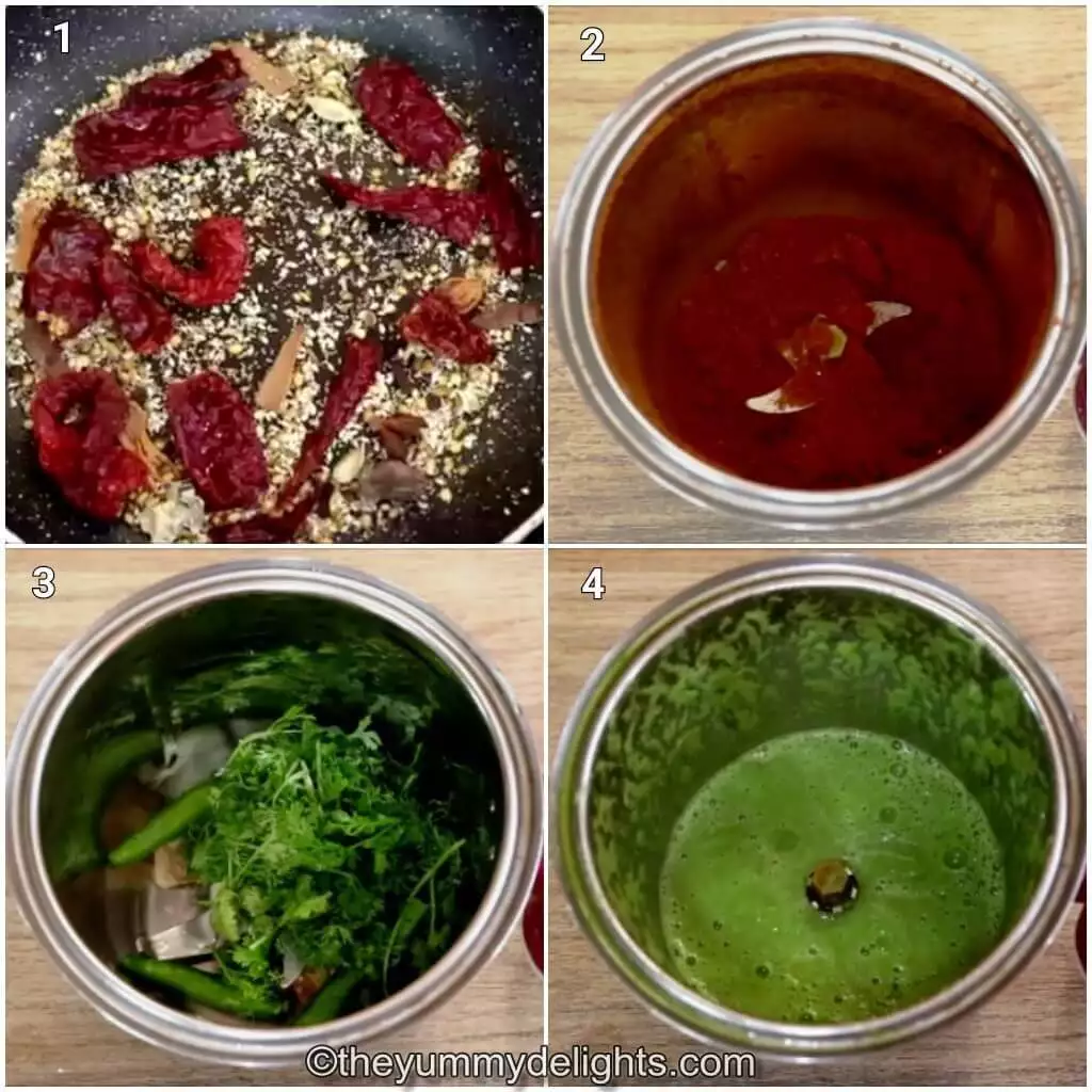 Collage image of 4 steps showing how to make Malvani masala and green masala to make Malvani chicken curry.