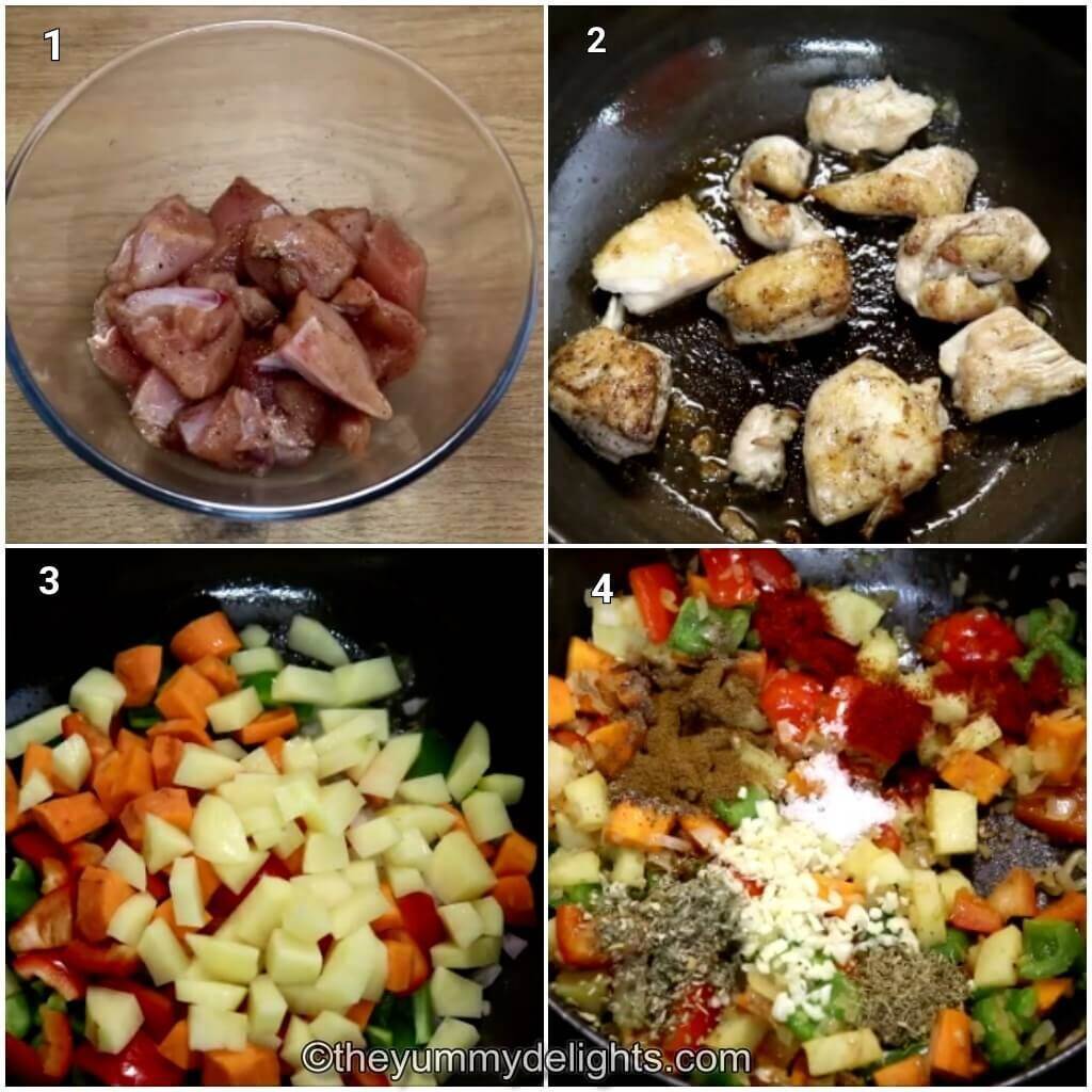 Collage image of 4 steps showing how to make mediterranean chicken stew. Shows mixing marinade, searing chicken, sauteing onions and veggies, addition of garlic and spices.