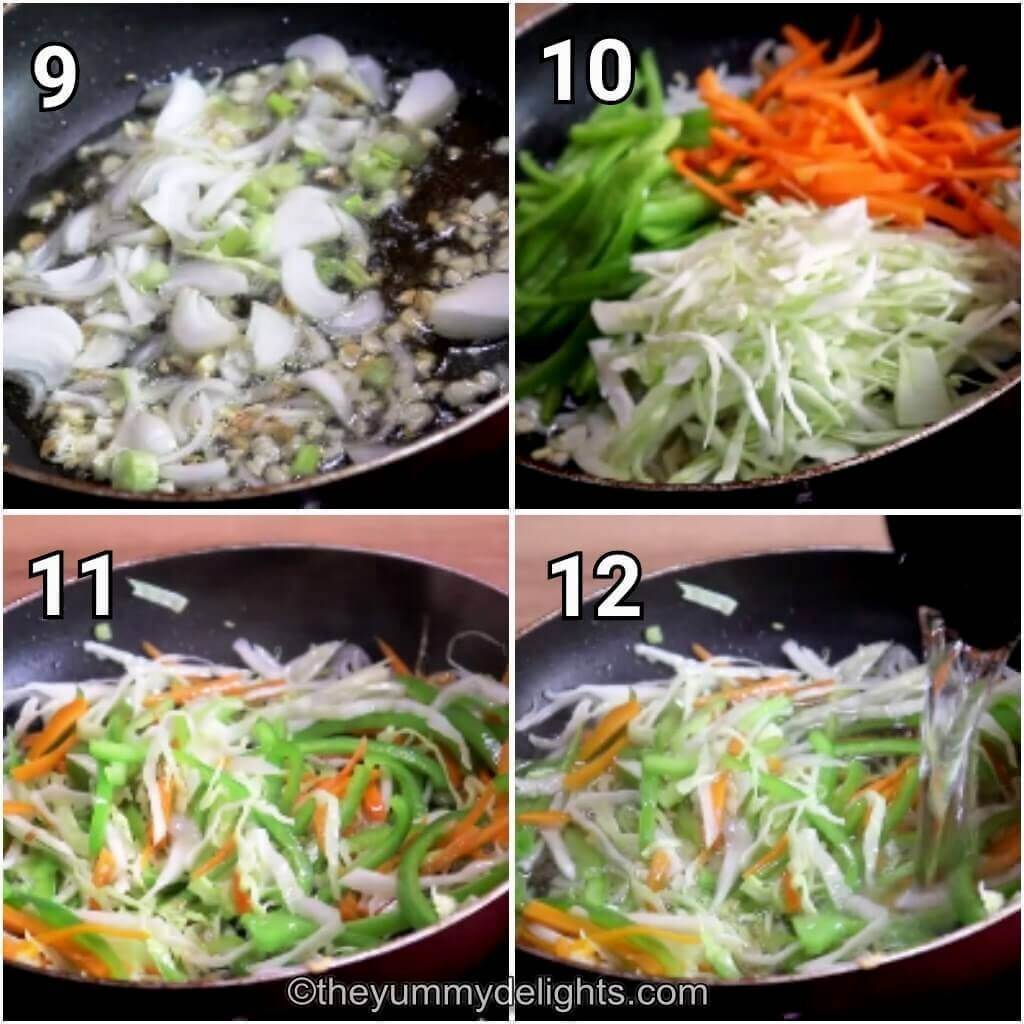 Collage image of 4 steps showing stir-frying the vegetables to make veg chop sue recipe.