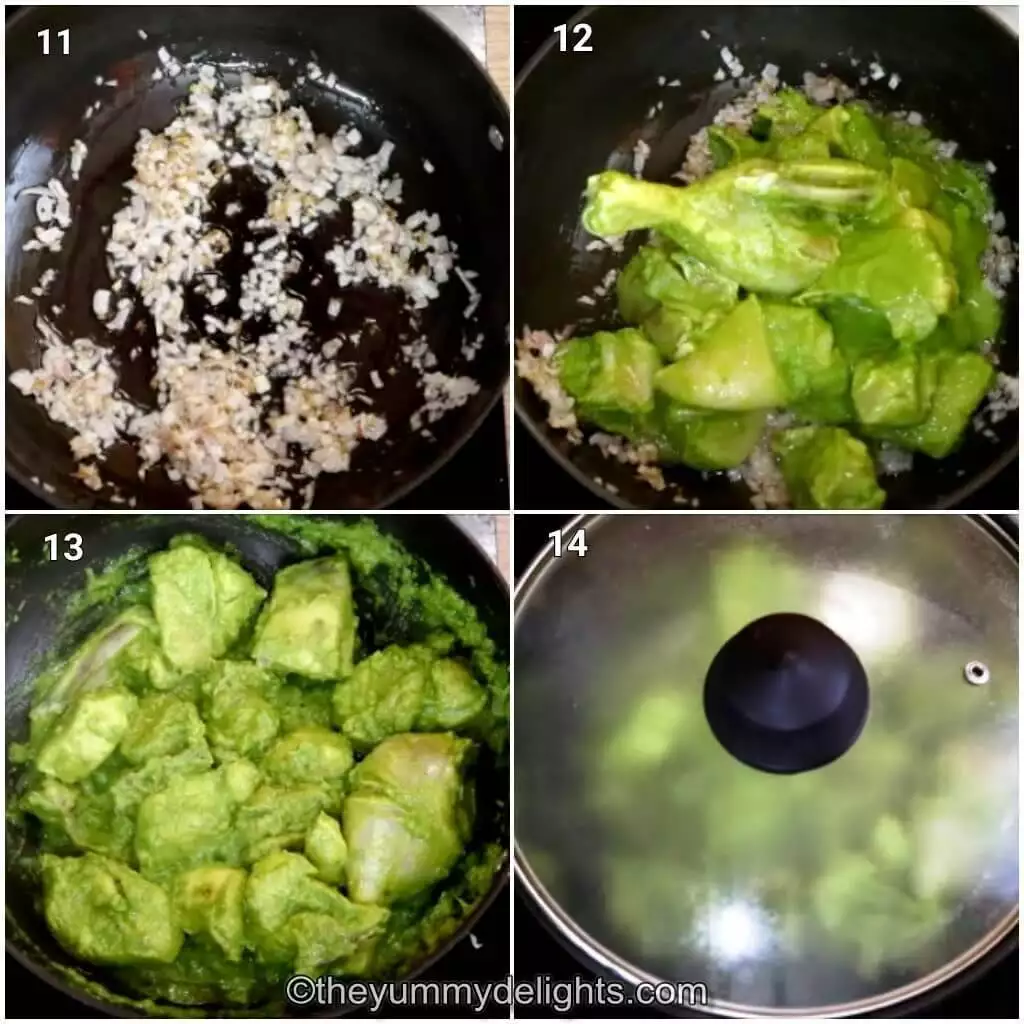 Collage image of 4 steps showing sauteing onions, addition of marinated chicken and cooking it to make Goan chicken xacuti.