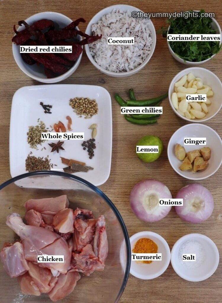 individually labeled ingredients to make chicken xacuti laid out on a table