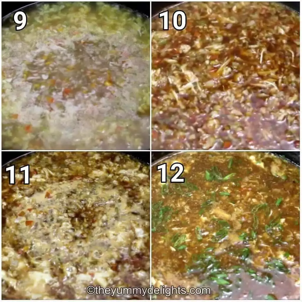 Collage image of 4 steps showing addition of chicken and eggs for makig chicken manchow soup recipe