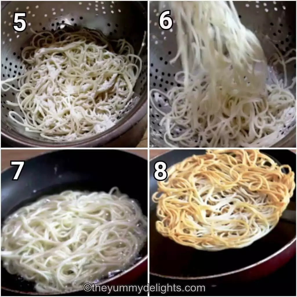 Collage image of 4 steps showing making fried noodles for American chop sue recipe.