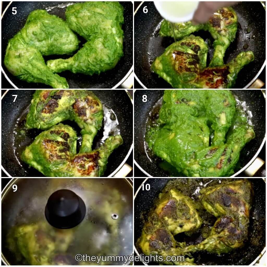 Collage image of 6 steps showing pan-frying the chicken cafreal.