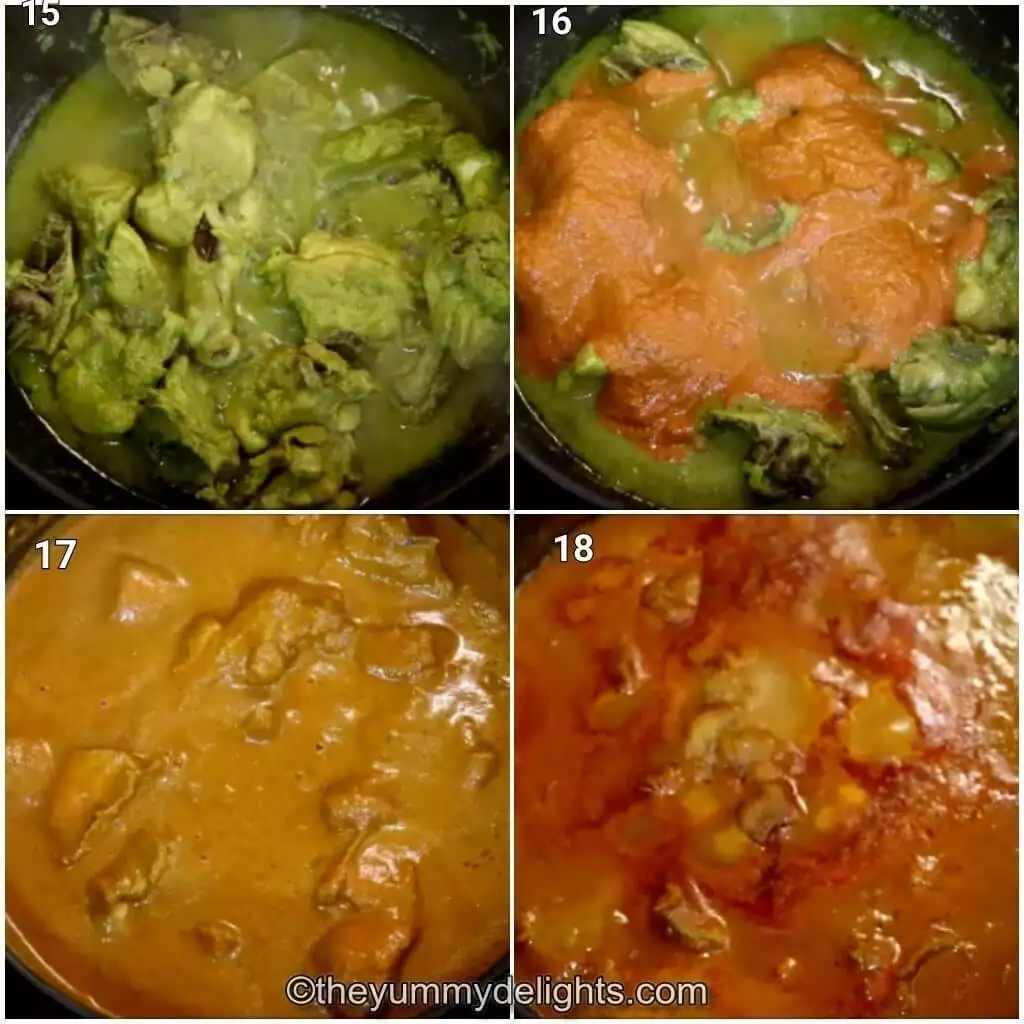 Collage image of 4 steps showing addition of xacuti masala to make Goan chicken curry.