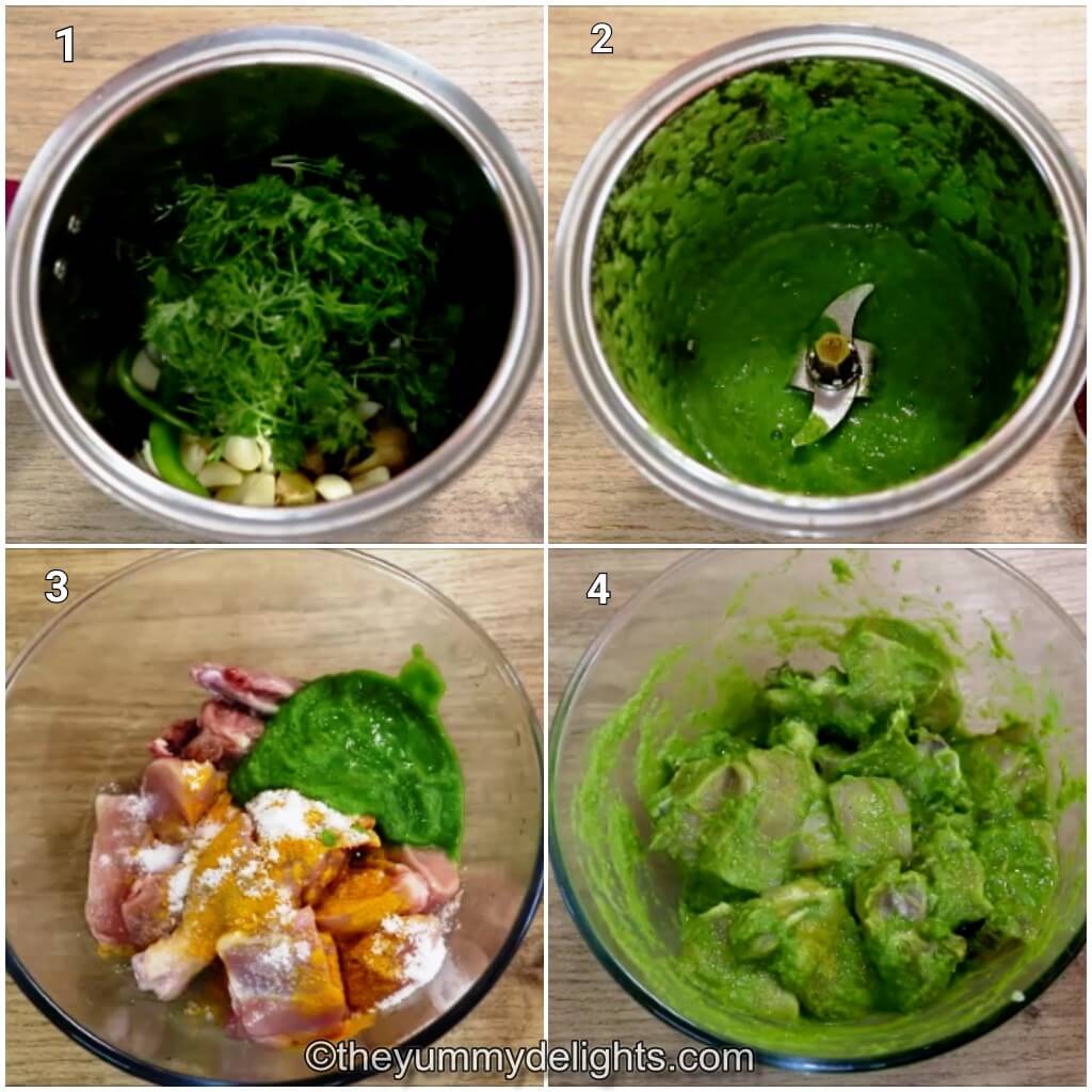 collage image of 4 steps showing how to make goan chicken xacuti. It shows making green masala and marinating the chicken in it.