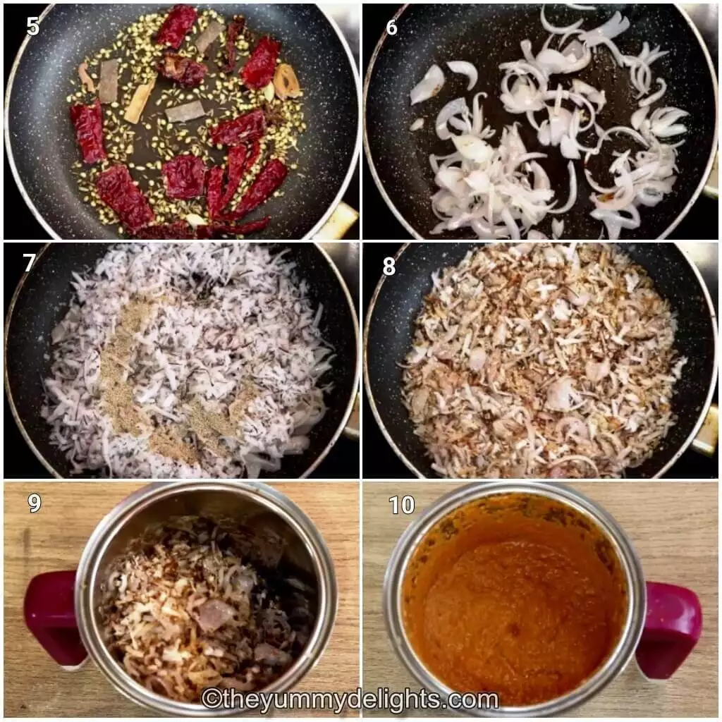 Collage image of 6 steps showing how to make xacuti masala. It shows roasting of whole spices, onions and coconut and grinding it.