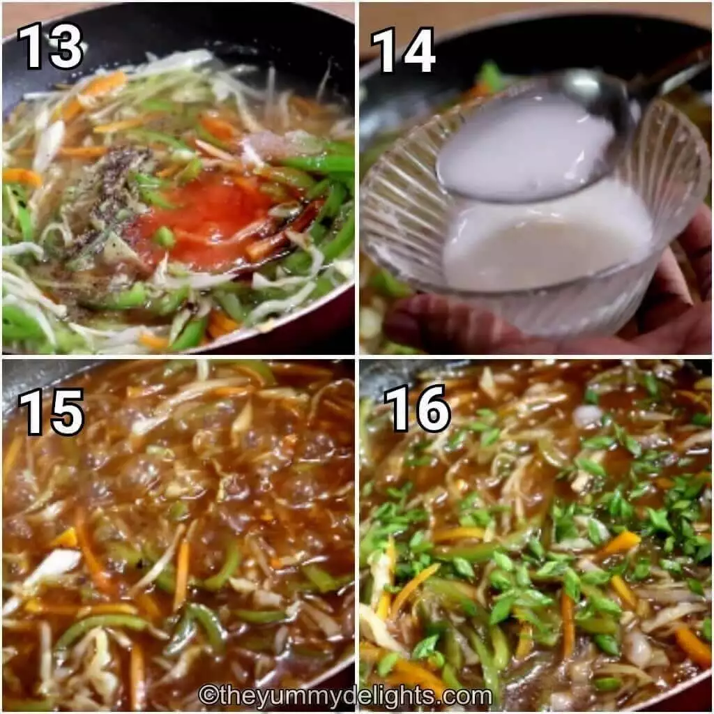 Collage image of 4 steps showing how to make American chop sue sauce.