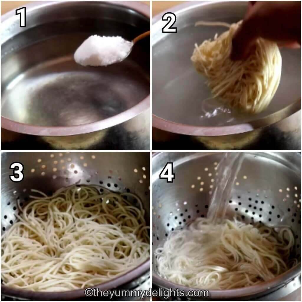 Collage image of 4 steps showing how to boil noodles to make chop suey recipe.
