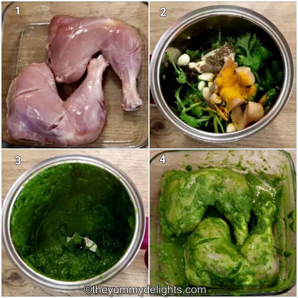 Collage image of 4 steps showing how to make chicken cafreal. It shows marinating the chicken with salt, lemon juice and cafreal masala.