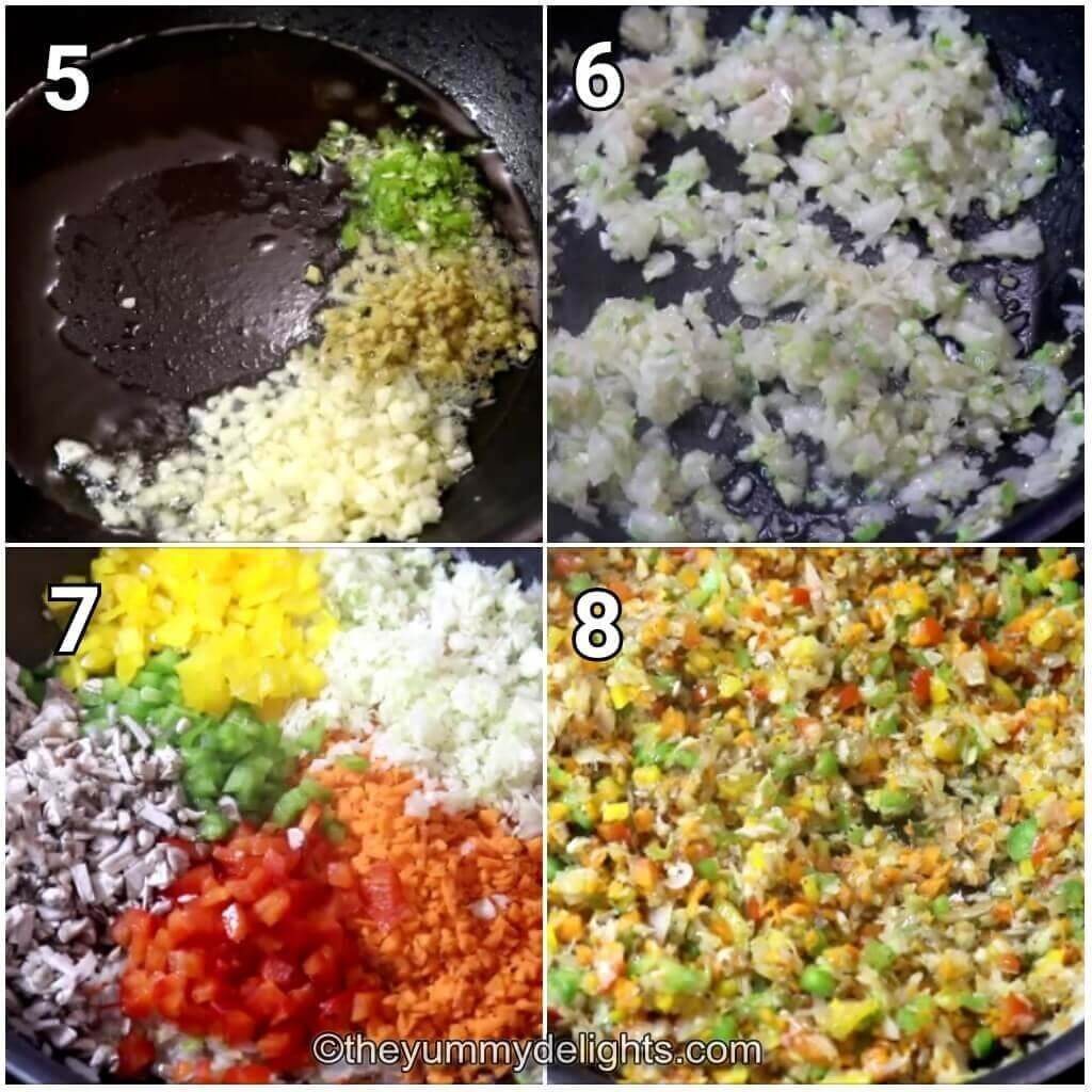 Collage image of 4 steps showing stir-frying the vegetables to make chicken manchow soup.