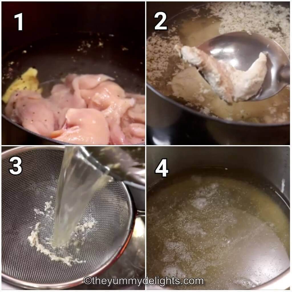 Collage image of 4 steps showing preparing the chicken broth for making Manchow soup.