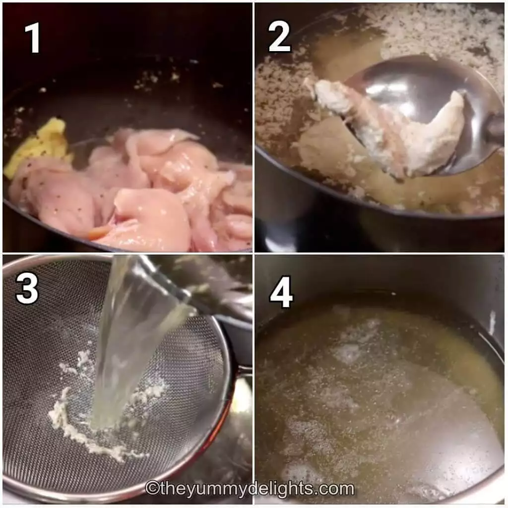 Collage image of 4 steps showing preparing the chicken broth for making chicken manchow soup recipe.
