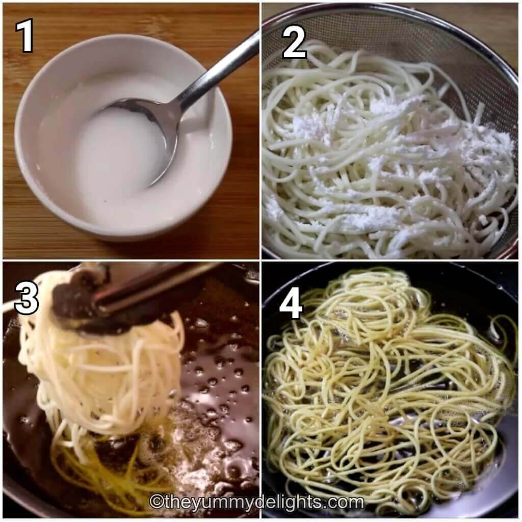 Collage image of 4 steps showing preparations for chicken manchow soup. It shows making cornflour slurry and frying noodles.