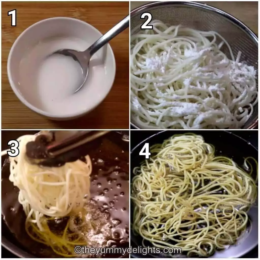 Collage image of 4 steps showing preparations for chicken manchow soup recipe. It shows making cornflour slurry and frying noodles.