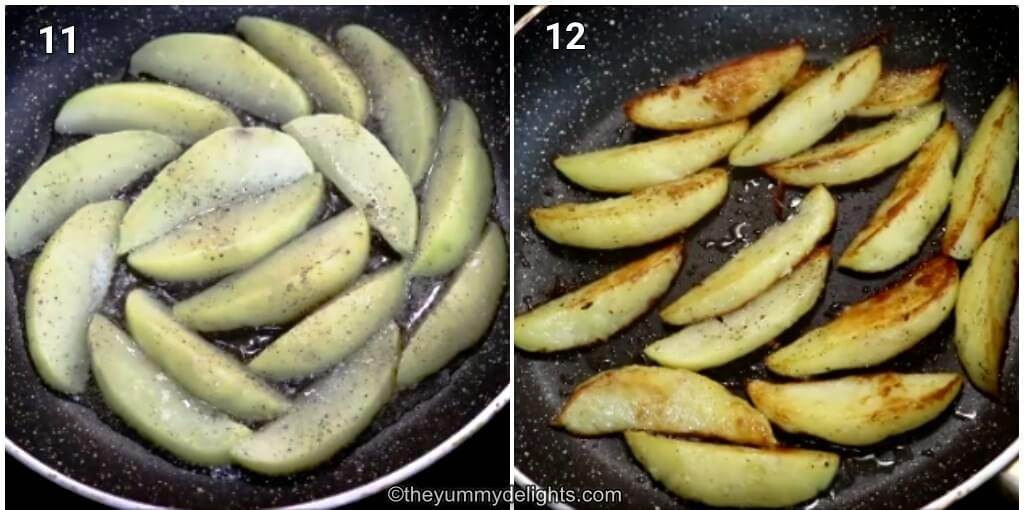 Collage image of 2 photos showing how to make roasted potatoes.