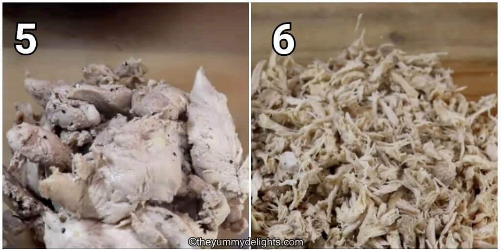collage image of 2 steps shows preparing shredded chicken for making Manchow soup.