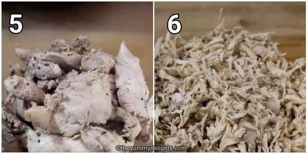 collage image of 2 steps shows preparing shredded chicken for making chicken manchow soup recipe.