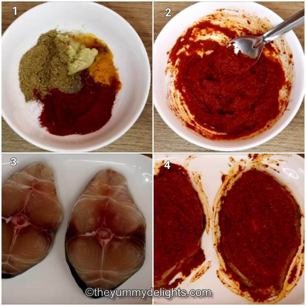 Collage image of 4 steps showing making the fish fry masala and applying it on the fish.