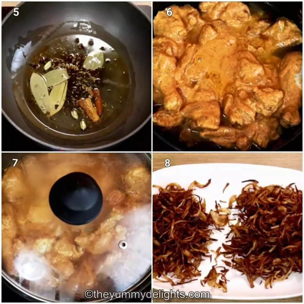 Collage image of 4 steps showing making the mughlai chicken curry. It shows sauteing whole spices, addition of marinated chicken to the gravy and cooking it. It also shows dividing the fried onions in two parts.