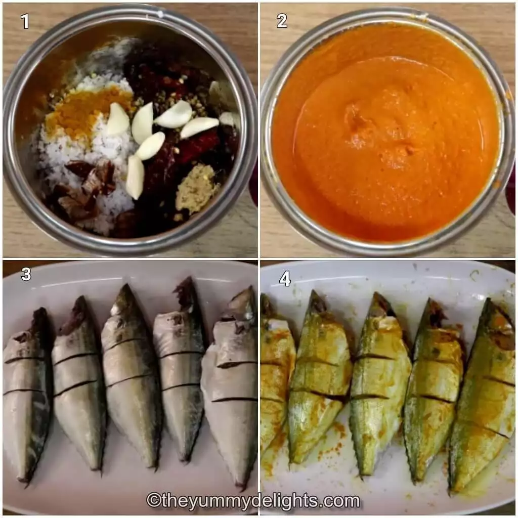 Collage image of 4 steps showing preparations to make Goan fish curry. It shows making the coconut masala and marinating the fish.