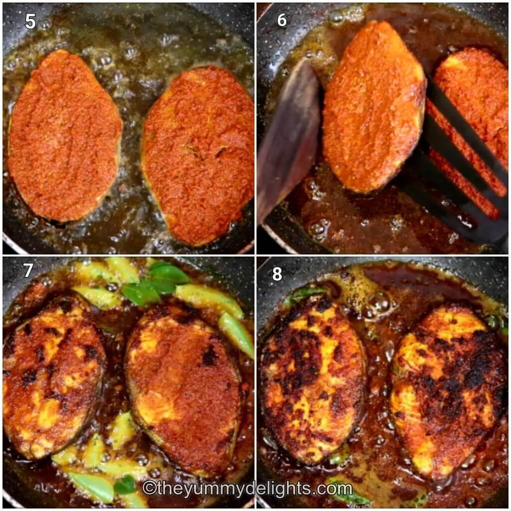 Collage image of 4 steps showing frying the fish.