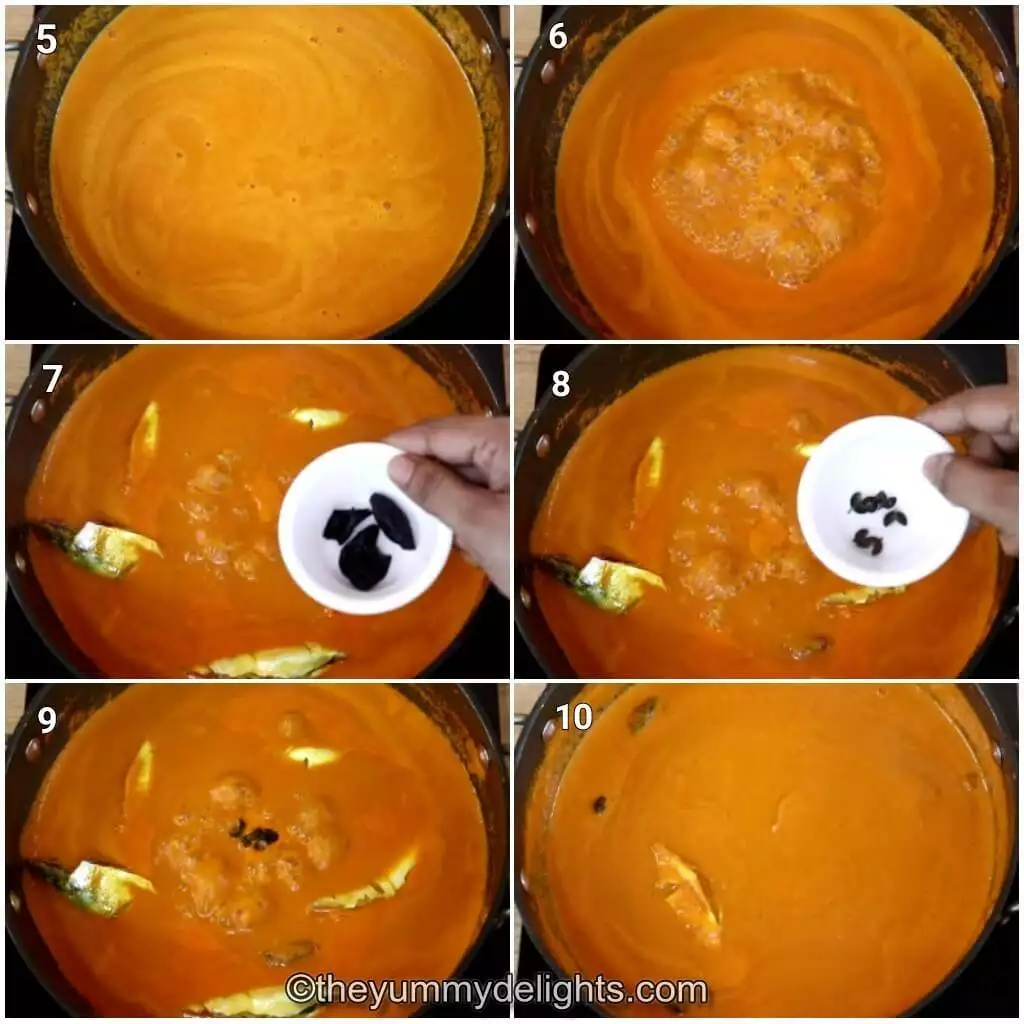 Collage image of 6 steps showing cooking the Goan fish curry with coconut, kokum and teppal. It shows the addition of fish, kokum and teppal to the curry and cooking fish curry.