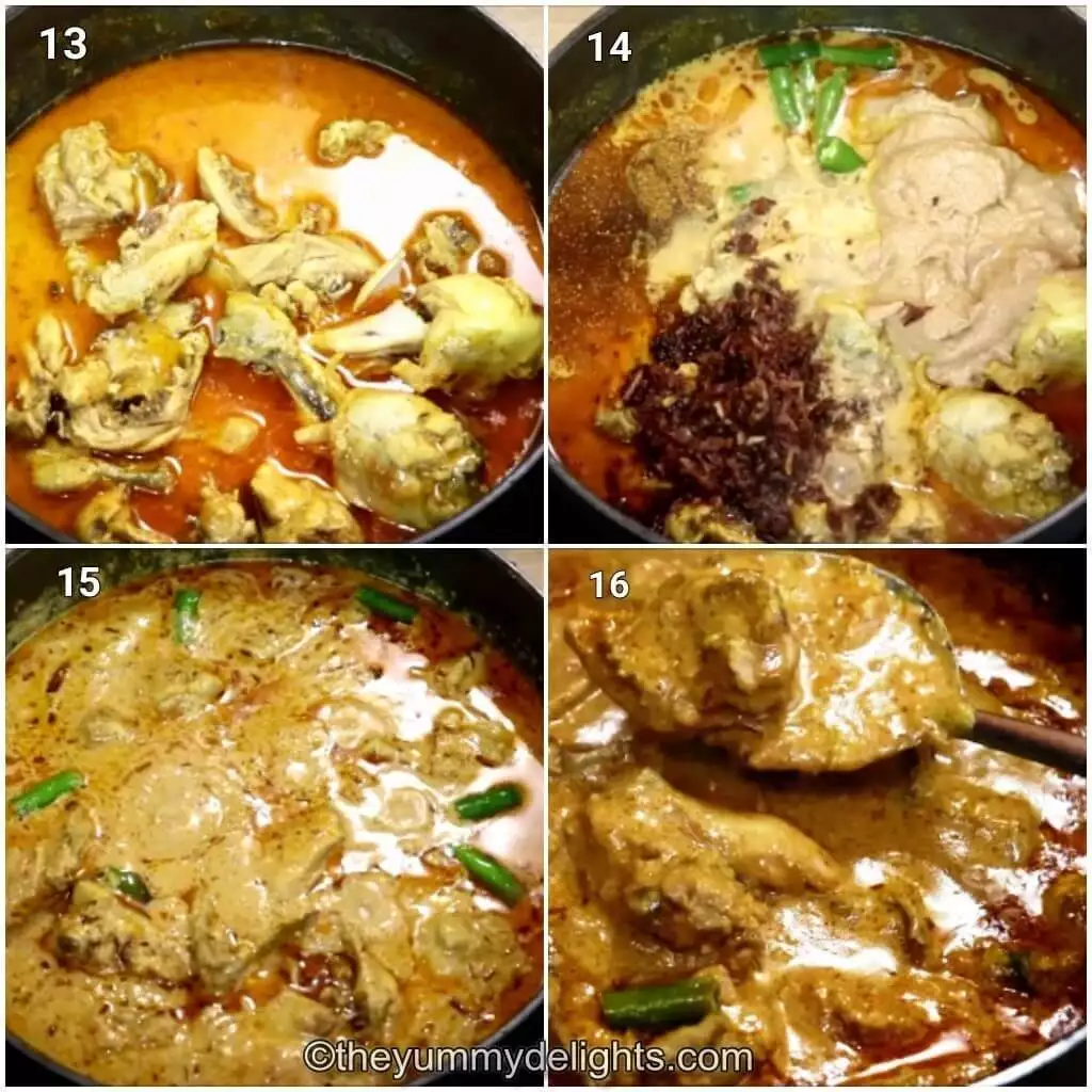 Collage image of 4 steps showing making the Mughlai Chicken. It shows addition of crushed onions, onion paste, green chilies and keora water to the curry and cooking it.