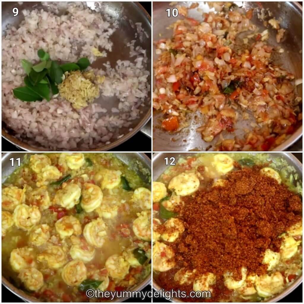 Collage image of 4 steps showing sauteing onion, ginger, garlic, curry leaves and tomatoes. Cooking the prawns and addition of sukka masala.