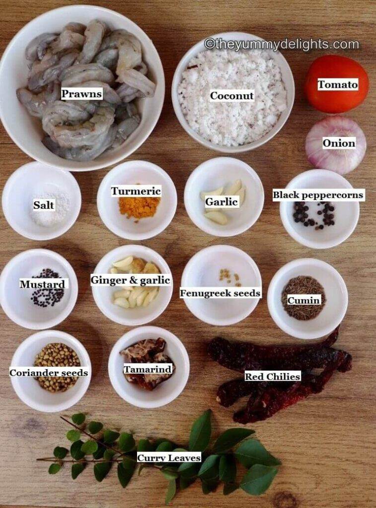 individually labeled ingredients to make mangalorean prawn sukka laid out on a table.