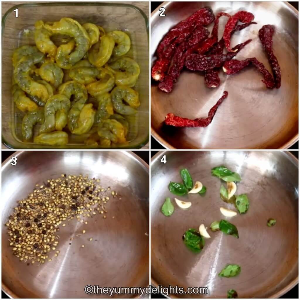 Collage image of 4 steps showing how to make prawn sukka. It shows marinating the prawn, roasting red chilies and other ingredients.