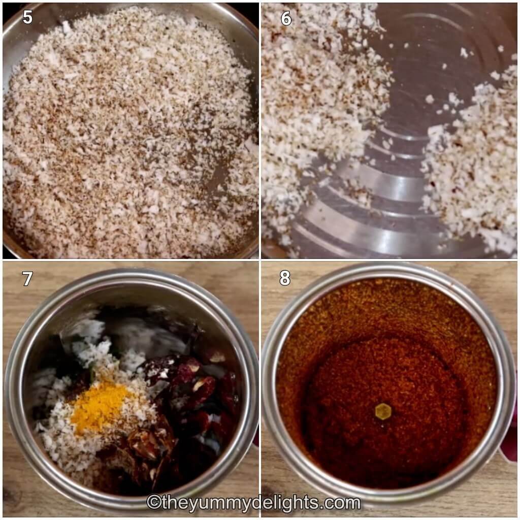 Collage image of 4 steps showing roasting the coconut and grinding all the roasted ingredients to make sukka masala.