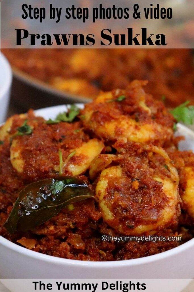 close-up of mangalorean prawn sukka served in a white bowl.