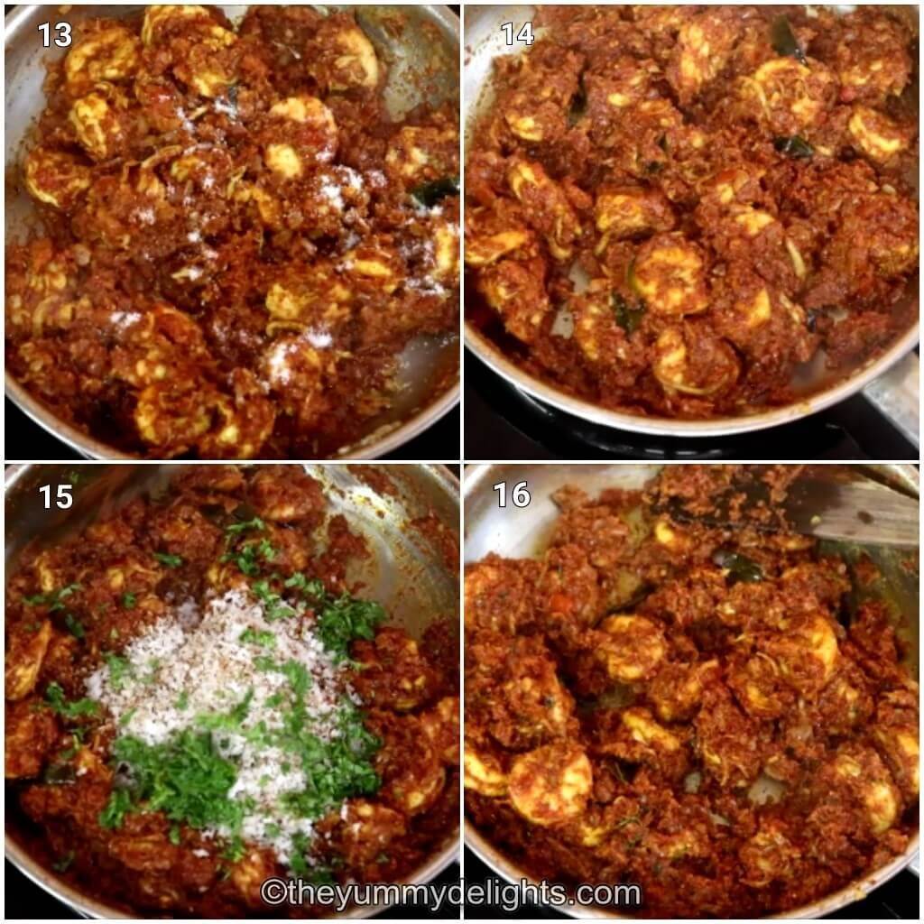 Collage image of 4 steps showing how to make mangalorean prawn sukka. It shows cooking the prawn with sukka masala, addition of coconut and coriander leaves.