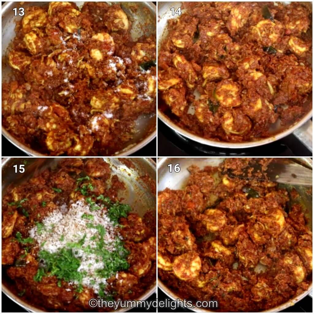 Collage image of 4 steps showing how to make mangalorean prawn sukka. It shows cooking the prawn with sukka masala, addition of coconut and coriander leaves.