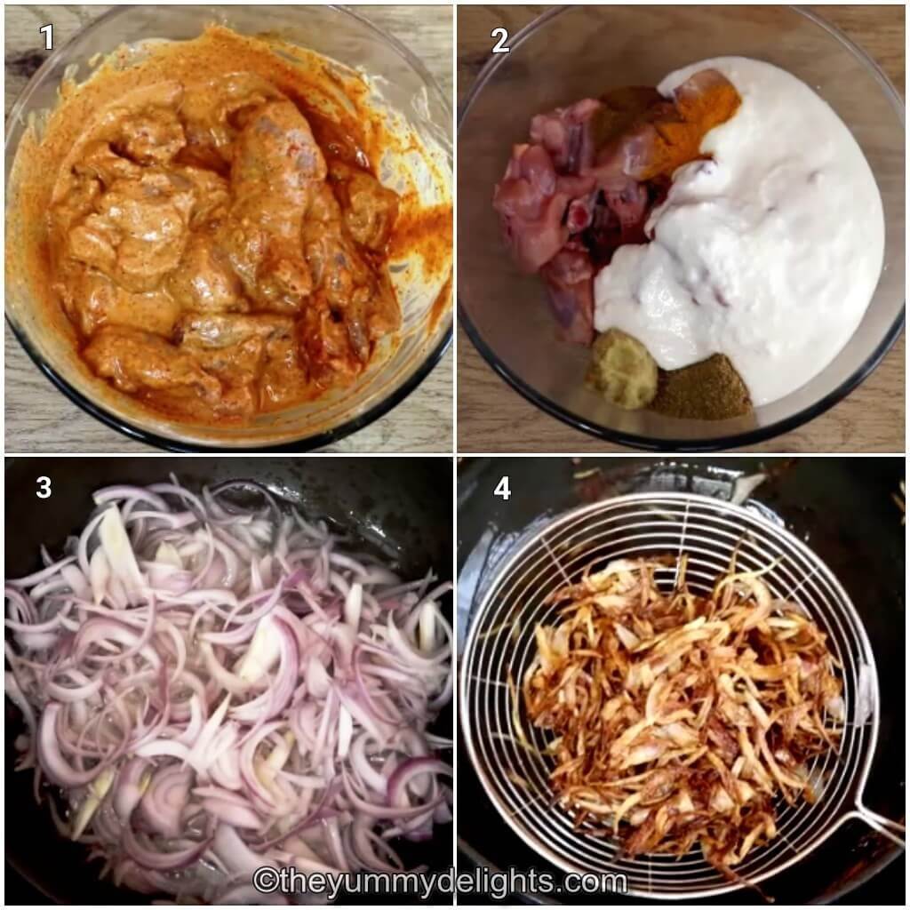 Collage image of 4 steps showing preparations to make Mughali chicken curry. It shows marinating the chicken and making birista.